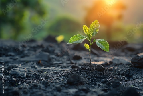 Young plant sprouting from fertile soil with sunlight background, symbolizing growth, nature, and a fresh beginning.