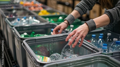 A close-up of hands sorting plastic bottles, paper, and glass into separate recycling bins, promoting the practice of recycling to reduce waste.