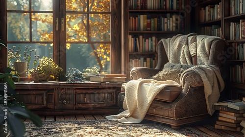 A cozy reading nook with a comfortable armchair, a stack of books, and a soft blanket, bathed in warm, natural light from a nearby window.