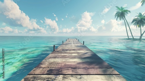 A wide perspective of a holiday paradise, featuring a wooden jetty extending into turquoise waters, distant palm trees swaying in the soft light of a serene day.