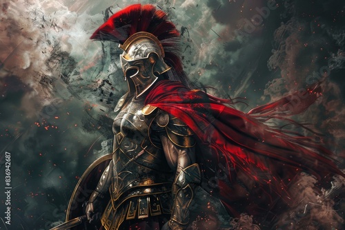 Digital art of a fierce warrior in ornate armor and plumed helmet against a smoky battle backdrop