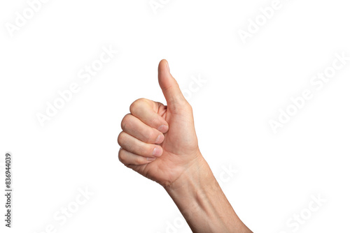 Thumbs up hand isolated male finger. Man arm white, ok good sign. Like background gesture yes showing positive excellent business people. Person symbol success thumbs side, transparent png