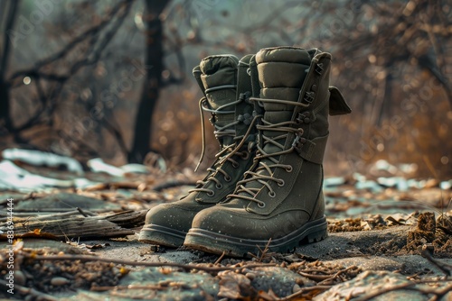 Pair of laceup military boots standing in a natural setting with subdued tones