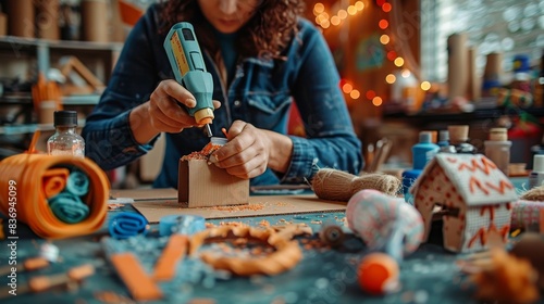 A person using a hot glue gun to assemble pieces of a DIY craft project, with materials like cardboard, fabric, and decorative items spread out on a table.