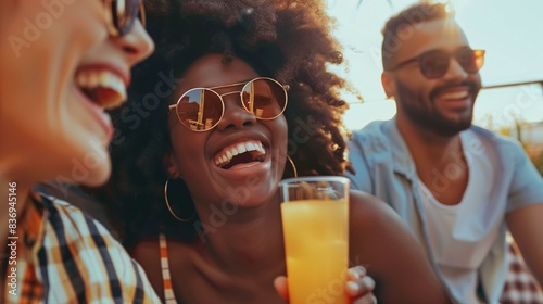 group of friends laughing and smiling with African American woman wearing sunglasses afro hairstyle