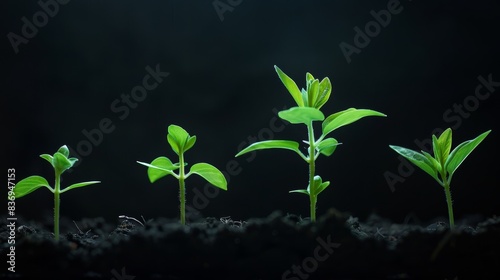 A time-lapse image series showing a plant's growth from a seedling to a mature plant, highlighting the role of carbon dioxide absorption and oxygen release.