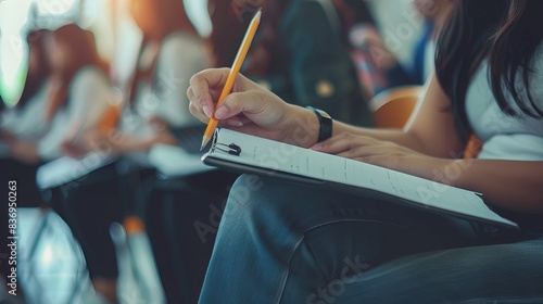 Soft focus image depicting a high school or university student holding a pencil and writing on a paper answer sheet. They are sitting on a lecture chair, taking a final exam