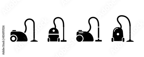 Set of vacuum cleaner vector icons. Black icons with electric vac or hoover. Vector 10 Eps.