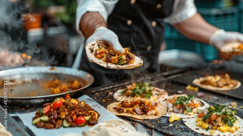 Festival Food. Chef Cooking and Serving Healthy Street Food at Vibrant Market