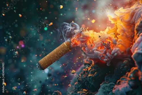 A close-up view of a cigarette with smoke billowing out