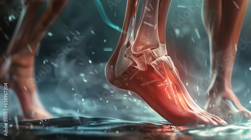 Ankle Pain,showing muscle tension, focus on,injury detail,realistic,Fusion,medical illustration,