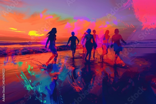Group of people enjoying the sunset on the beach, great for travel or leisure photos