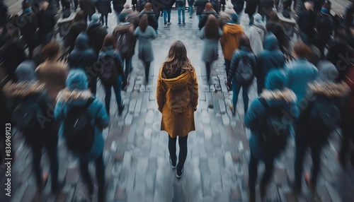 Victim standing alone in a crowded street, surrounded by faceless onlookers. Victim harassment. 