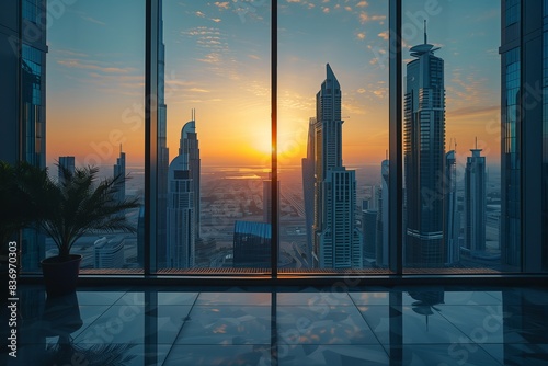 Modern city skyline, urban architecture and skyscrapers. Dubai s downtown view with high towers, office buildings at sunset. Cityscape, aerial panorama, beautiful sunrise.