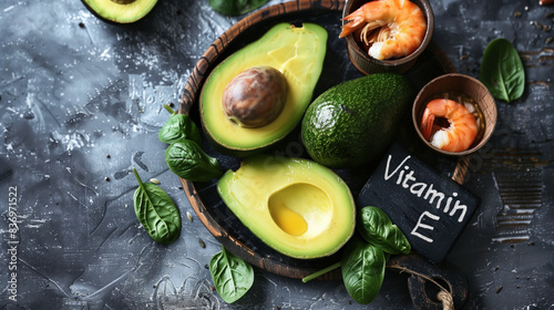 Fresh avocados and shrimp on a wooden platter with a "Vitamin E" chalkboard sign on a dark textured background.