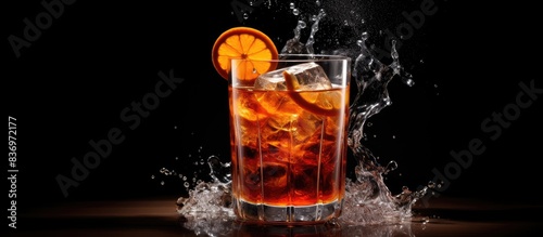 A stunning burgundy cocktail with ice, an orange slice garnish, in a Hurricane glass on a black background, perfect for a copy space image.