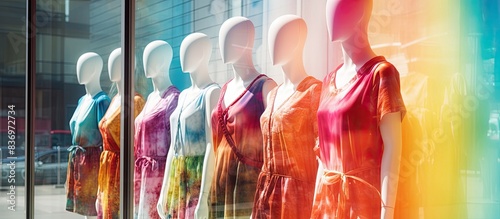 Display window showcasing mannequins in trendy tie-dye summer dresses with copy space image.