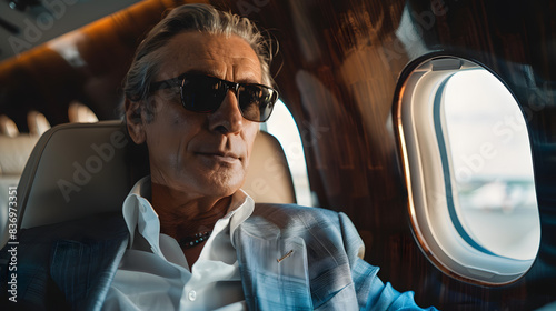 An elegant businessman in a suit and sunglasses sits on a private jet, gazing out the window. The scene captures the sophistication and luxury of high-end travel.