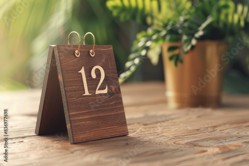 A wooden table with a calendar on it