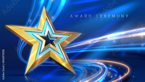 Golden star on a vibrant blue background with swirling lights, perfect for award ceremonies and celebratory events. Vector illustration.