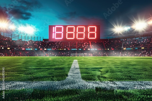 Outdoor soccer field with a scoreboard in the center, perfect for sports and fitness related content
