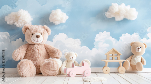 Stuffed animals and wooden toys in a cloud-themed nursery