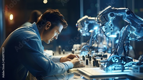 Close-up shot of a robotics engineer fine-tuning a humanoid robot's circuitry in a high-tech lab, modern lab environment