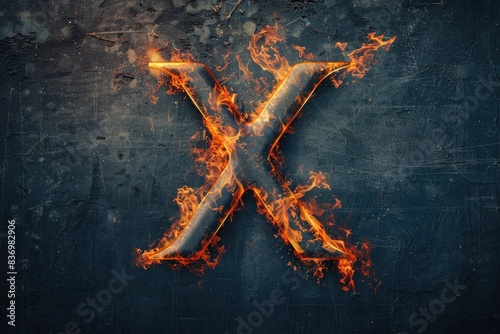 A close-up shot of a burning letter X on a metal surface