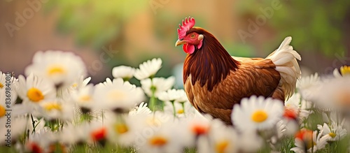 A vibrant red hen standing among chamomile flowers in a natural setting, with a clear space in the image for text or graphics.