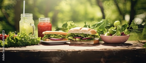 Delicious sandwiches and refreshing juice set up for a picnic on a lush green backdrop with copy space image.