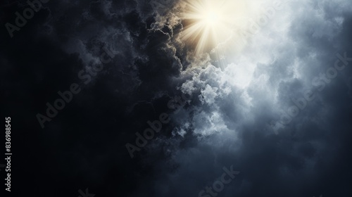 Background depicting a ray of sunshine breaking through the clouds and a dark cloud covering it, expressing the struggle between light and darkness --no text --ar 16:9 --quality 0.5 Job ID: 687e6dee