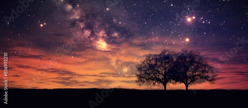 colorful milky way galaxy seen in night sky over dark trees on the horizon vintage old look. Creative banner. Copyspace image