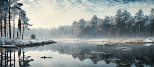 Winter in the forest Reflection of pines in an open bog and ripples in the water. Creative banner. Copyspace image