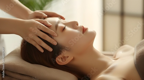 Relaxing Head Massage for an Attractive Asian Woman on a Professional Therapy Table