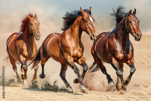 Three horses galloping along sandy field in high-quality scenic landscape image