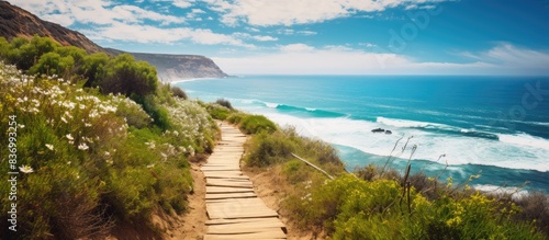 walkway at seaside cliff against blue sea and sky. Creative banner. Copyspace image