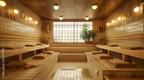 Authentic Japanese Sento style Public Bathhouse with Communal Benches and Traditional Decor