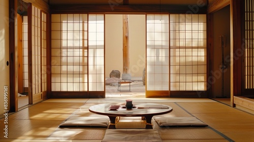 Tranquil Japanese Tatami Room with Shoji Screens & Low Table, Perfect for Cultural Interior Design Inspiration