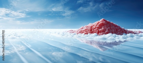 Farm salt or salt on a blue background with red water before evaporating salt. Creative banner. Copyspace image