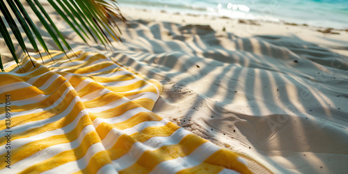 Yellow striped exotic tropical sandy beach towel summer holiday trip, travel adventure background with palm leaf, sunshine shadows.