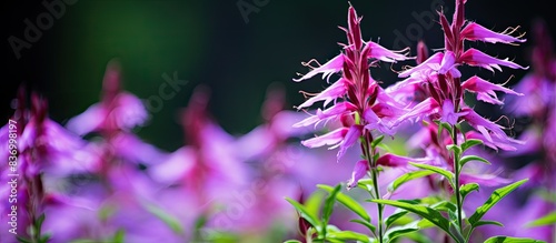 Close up of a purple cardinal flower lobelia cardinalis in bloom. Creative banner. Copyspace image