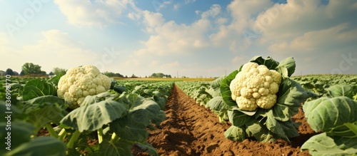 A farmer s cauliflower planting plot that uses my post harvest land. Creative banner. Copyspace image