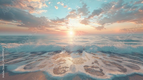 Expansive beach scene at sunrise, gentle waves lapping at the shore, bright hues reflecting in the water, photorealistic rendering, emphasizing peace and vitality