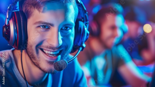 Smiling gamer with headset in gaming tournament