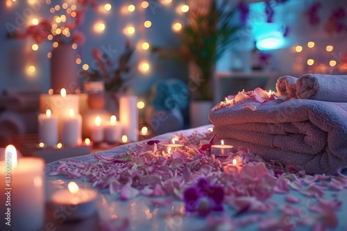Spa relaxation scene with candles, towels, and flower petals