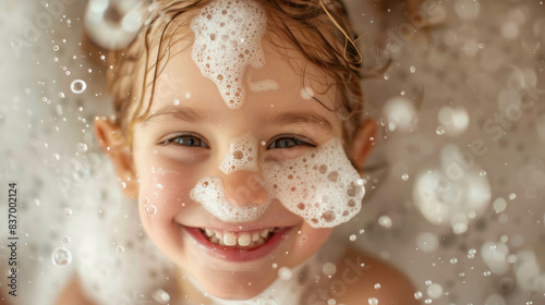 A 3 to 5-year-old girl with light soap foam on her face, smiling brightly after washing her face. Her joyful expression captures a moment of cleanliness and fun. Created using AI generative.