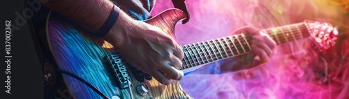 Close up of a hand playing a guitar with a blurry background