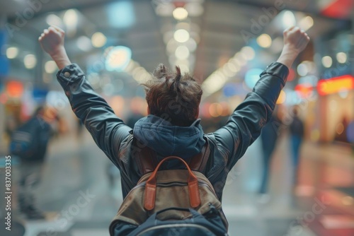 Back view of a joyful person with raised arms at a busy station, celebrating a journey