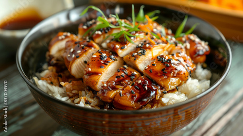 A delicious-looking Teriyaki Chicken photo from a colorful cookbook. The Japanese dish features chicken broiled or grilled in a sweet and savory glaze of soy sauce, mirin, and sugar. AI generative