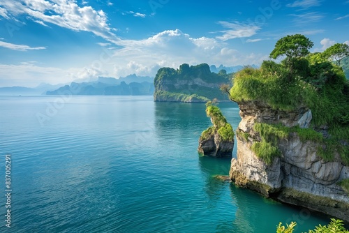 A stunning tropical coastline with limestone cliffs overlooking azure seas and lush greenery.